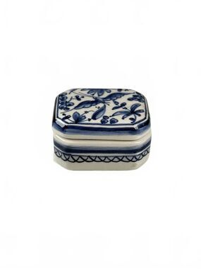 Vintage Coimbra Portugal Hand Painted Ceramic Trinket Box Blue White Bird Flower